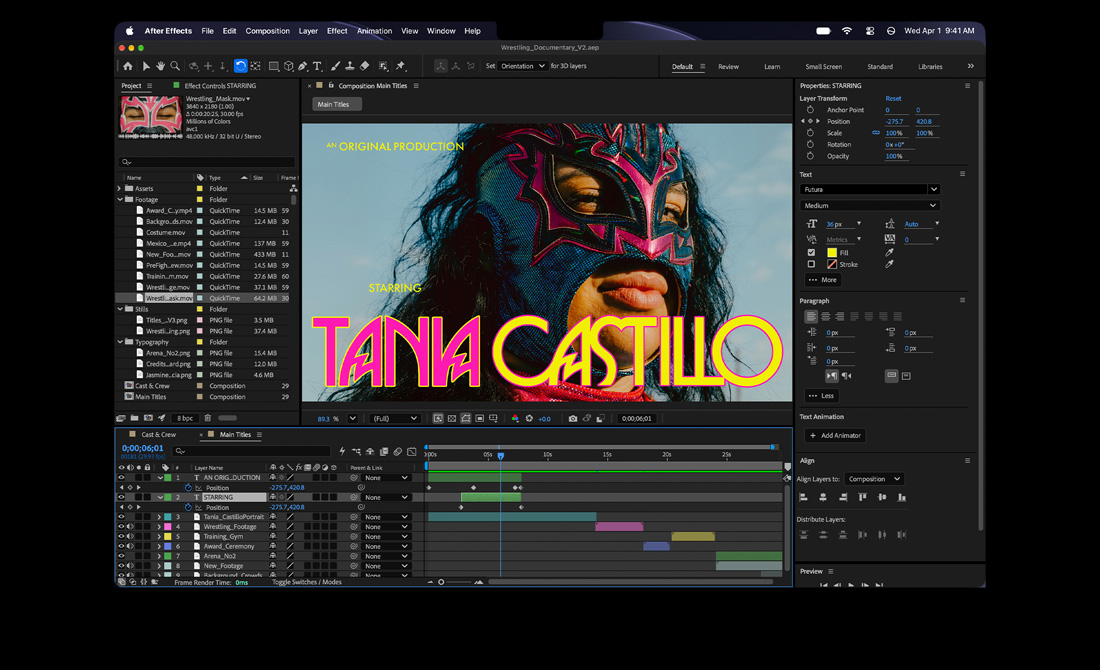 MacBook Pro, After Effects, carton-titre indiquant : Une production originale, avec Tania Castillo, sur la photo d’une catcheuse portant un masque de luchador rose et bleu, panneau Propriétés et montage visibles