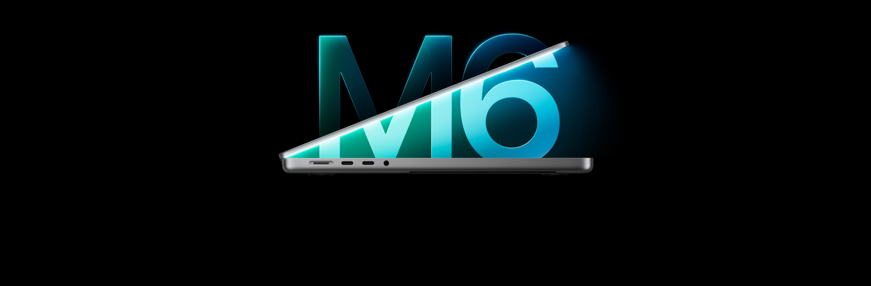 Profil d’un MacBook Pro, argent, positionné en forme de 6, en référence à la puce M6