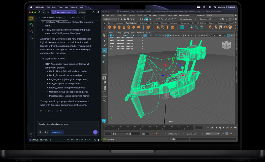 MacBook Pro, LM Studio, KI Assistent listet Schritte zum Gruppieren von Schiffskomponenten auf, Eingabeaufforderung: Gruppe „Verschiedenes“ deselektieren, Autodesk Maya, grünes Wireframe 3D Modell eines Raumschiffs