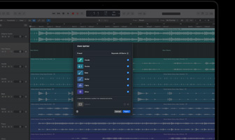 MacBook Pro, Logic Pro, Wellenformspuren, Komponententrennung Fenster, Kategorien: Gesang, Schlagzeug, Bass, Sonstiges, jeweils mit separater Audiowellenform
