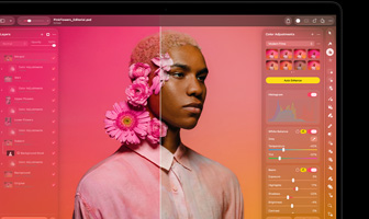 Ein Display zeigt Pixelmator Pro, geteiltes Vorher-Nachher-Porträt, rosa Blumen in den Haaren der Person, linke Seite mit kräftigen Pinktönen, rechte Seite mit neutralen Tönen, linke Seite mit Ebenenpanel, rechte Seite mit Farbkorrekturen