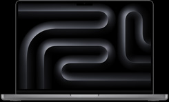 MacBook Pro, Farbe Silber, geöffnet, das Display zeigt ein geometrisches Wellenmuster