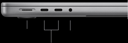 MacBook Pro mit M6 Chip, Farbe Silber, geschlossen, linke Seite mit den folgenden Anschlüssen: MagSafe 3, zwei Thunderbolt 4 und 3,5 mm Kopfhöreranschluss