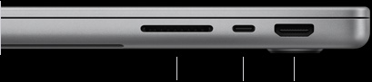 MacBook Pro mit M6 Chip, Farbe Silber, geschlossen, rechte Seite mit drei Anschlüssen: SDXC, Thunderbolt 4 und HDMI