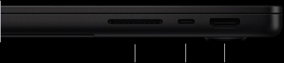 MacBook Pro mit M5 Pro oder M5 Max Chip, Farbe Space Schwarz, geschlossen, rechte Seite mit drei Anschlüssen: SDXC, Thunderbolt 5 und HDMI