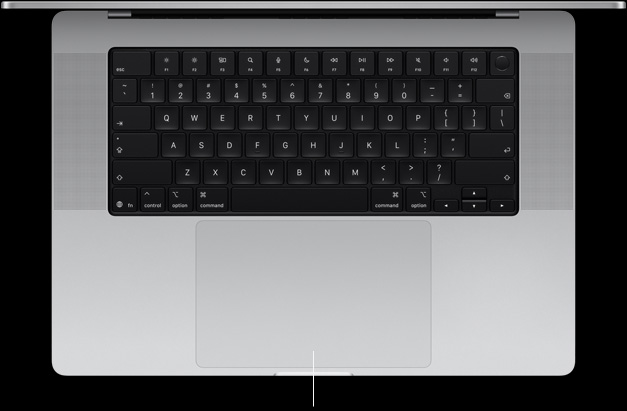 MacBook Pro, Farbe Silber, geöffnet, Tastatur und Force Touch Trackpad werden gezeigt