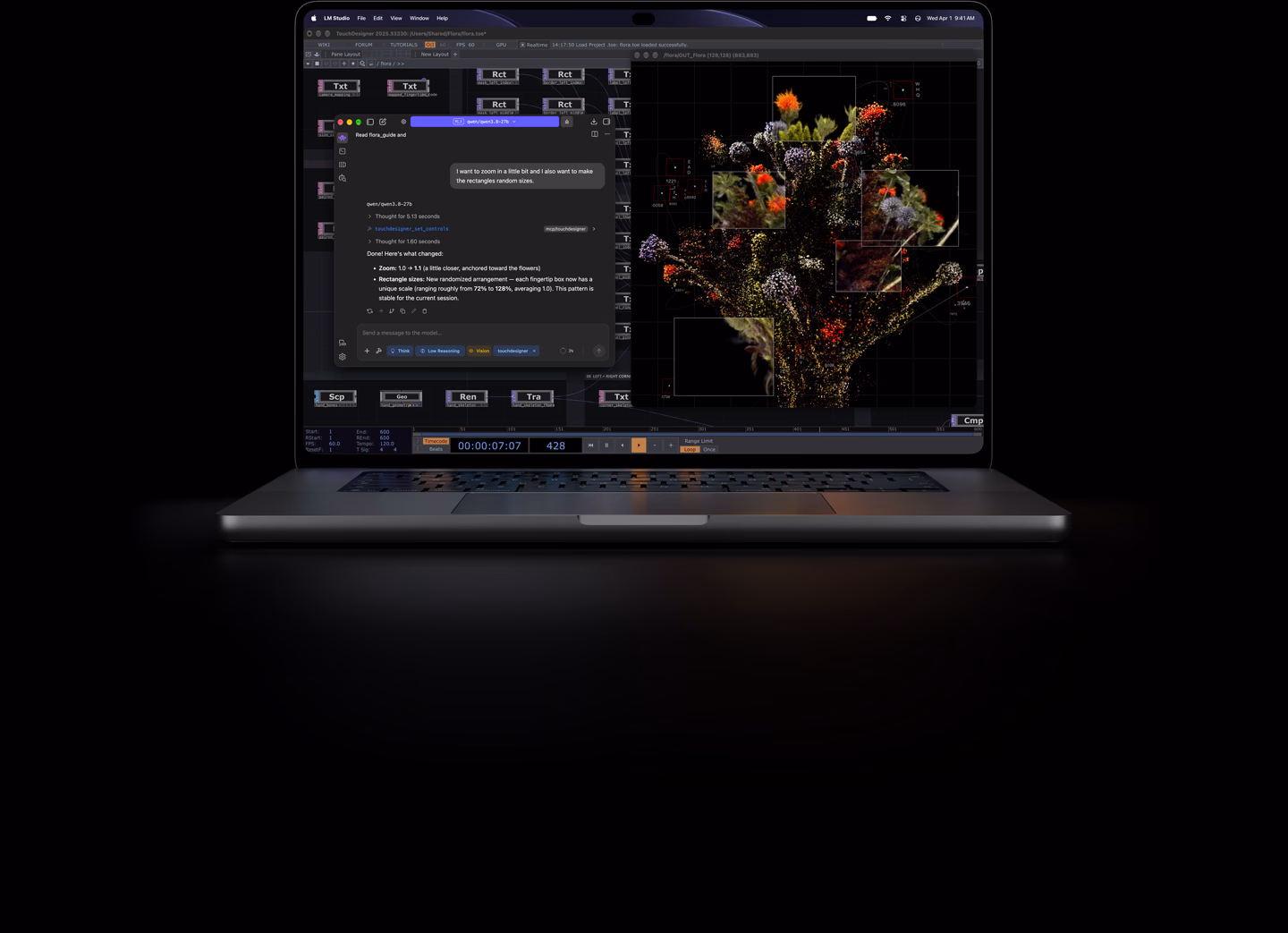 16 Zoll MacBook Pro mit PROLED XDR Display, Farbe Silber, das Display zeigt ein Bild, das mit TouchDesigner und LM Studio erstellt wird