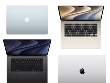 Vier Mac Computer in verschiedenen Modellen, Größen und Farben, die die Möglichkeiten der Anpassung zeigen