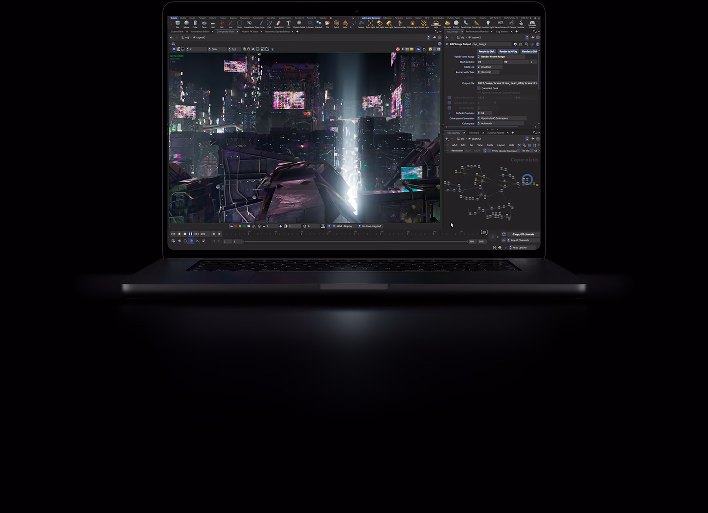 16 Zoll MacBook Pro mit PROLED XDR Display, Farbe Space Schwarz, das Display zeigt eine 3D computergenerierte Stadtlandschaft, die in Houdini gerendert wurde