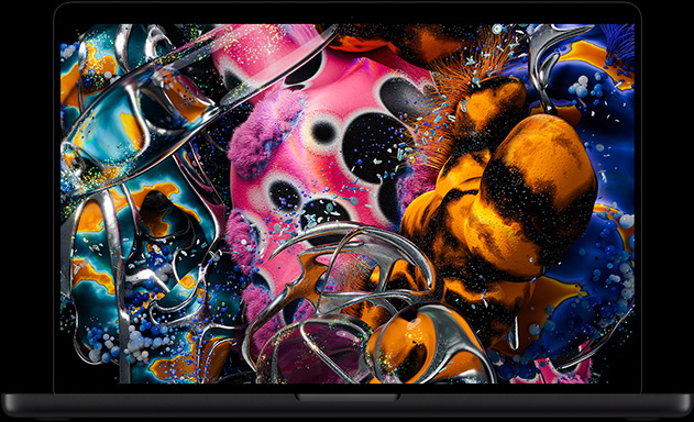 MacBook Pro mit PROLED XDR Display, Farbe Space Schwarz, das Display zeigt ein detailliertes Bild mit hohem Kontrast und lebendigen Farben