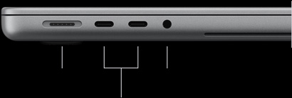 MacBook Pro mit PROLED XDR Display, Farbe Silber, geschlossen, linke Seite mit folgenden Anschlüssen: MagSafe 3, zwei Thunderbolt 5 und 3,5 mm Kopfhöreranschluss
