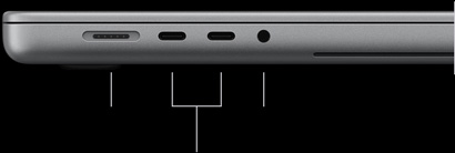 MacBook Pro mit PROLED XDR Display, Farbe Silber, geschlossen, linke Seite mit folgenden Anschlüssen: MagSafe 3, zwei Thunderbolt 5 und 3,5 mm Kopfhöreranschluss