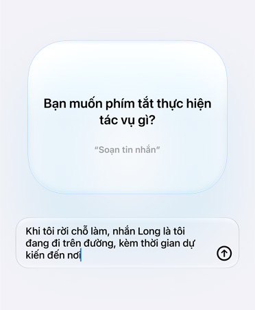 Màn hình hiển thị câu hỏi của Apple Intelligence và phản hồi từ người dùng về mục đích dùng Phím Tắt, Bạn muốn phím tắt làm gì?, trả lời, Khi tôi rời chỗ làm hãy nhắn Pedro là tôi đang trên đường và thời gian đến dự kiến.