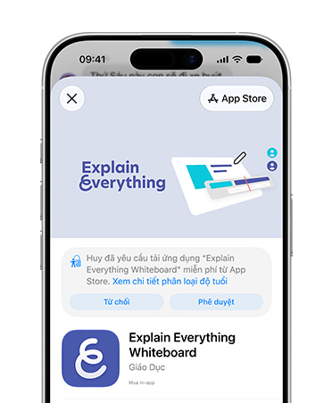 iPhone hiển thị trang sản phẩm Explain Everything Whiteboard trong App Store, nhắc người dùng từ chối hoặc phê duyệt quyền truy cập cho Tài Khoản Trẻ Em.