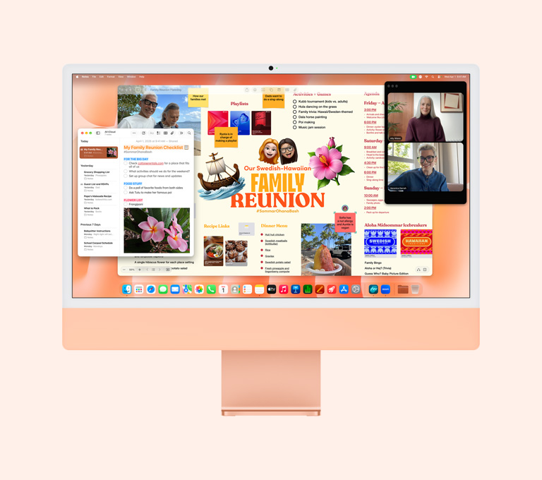iMac, vỏ ngoài mặt trước, màu cam, màn hình hiển thị một người đang gọi FaceTime, bảng kế hoạch họp mặt gia đình, và ứng dụng Ghi Chú