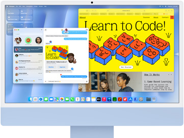 iMac, vỏ ngoài mặt trước, màu xanh dương, hiển thị ứng dụng Tin Nhắn và trang web 