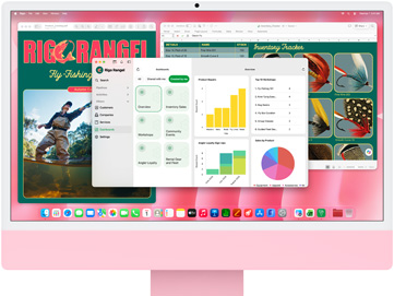 iMac, vỏ ngoài mặt trước, màu hồng, nhiều ứng dụng đang mở hiển thị trình theo dõi hàng tồn kho, thiết kế danh mục câu cá bằng mồi ruồi và bảng tổng quan doanh nghiệp
